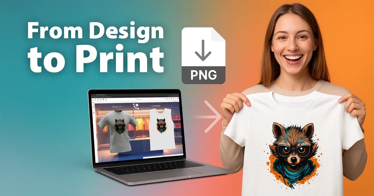 A smiling woman holding a printed T-shirt with a raccoon design, next to a laptop showing the same project in Alter Product Customizer — from digital design to print-ready PNG.