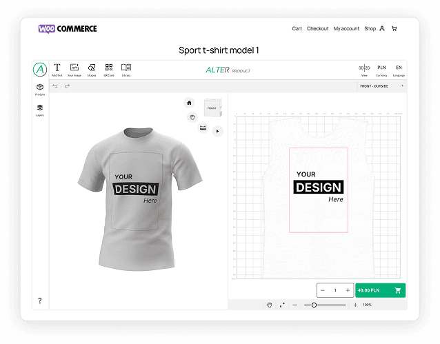 WooCommerce demo storefront with an embedded Alter Product customizer for a sport T-shirt product