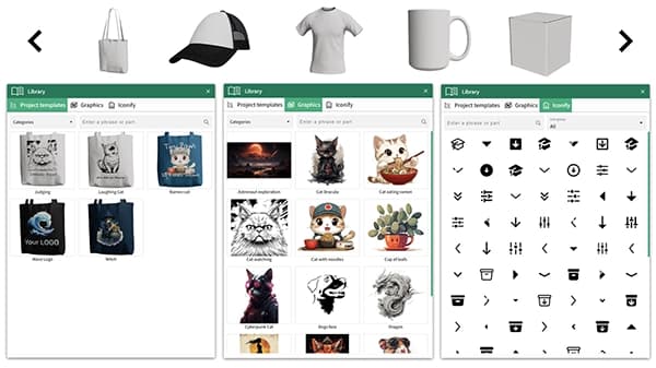 Built-in asset library demo — ready-to-use design templates, graphics, and icons for product customization including tote bags, mugs, T-shirts, and vector elements
