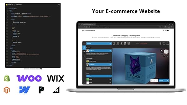 Integration demo — Alter Product customizer embedded on an e-commerce website with code snippet and compatibility logos for Shopify, WooCommerce, Wix, Magento, Webflow, PrestaShop, and BigCommerce