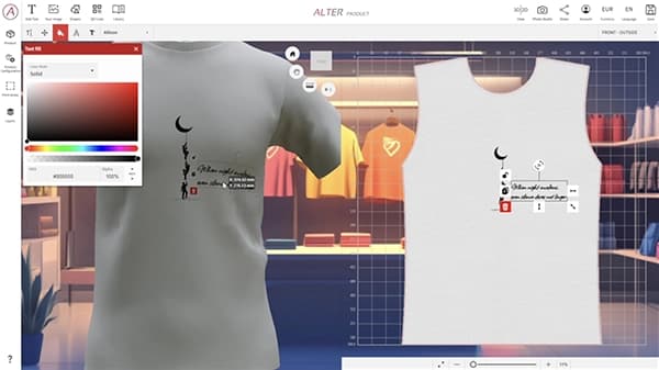 Powerful design tools demo — customizing T-shirt with editable text, fonts, and graphics directly on 3D and 2D canvas in real time