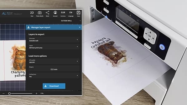 Print-ready output demo — exporting high-resolution 300 DPI design with cutting lines for production, showing personalized cat artwork prepared for direct printing
