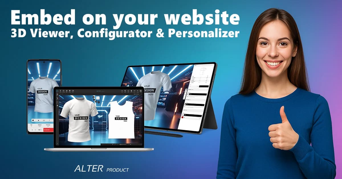 Smiling woman giving thumbs up, next to 3D Viewer, Configurator and Personalizer mockups on laptop, tablet and smartphone. Text: "Embed on your website - 3D Viewer, Configurator & Personalizer in minutes."