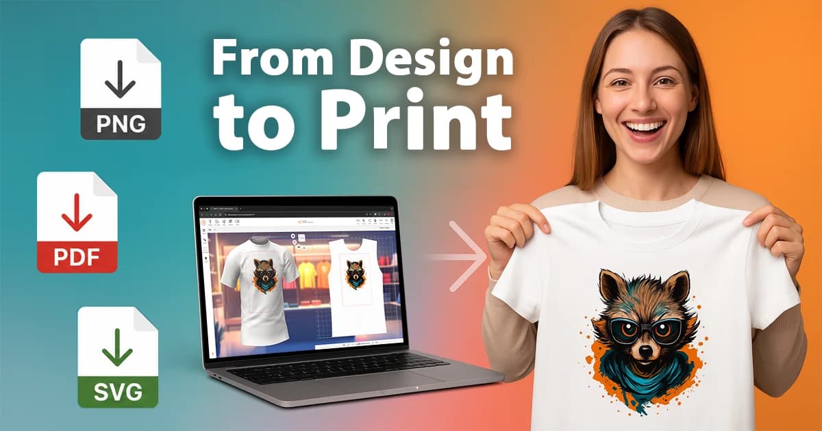 A smiling woman holding a printed T-shirt with a raccoon design, next to a laptop showing the same project in Alter Product Customizer - from digital design to print-ready PNG, PDF, SVG.