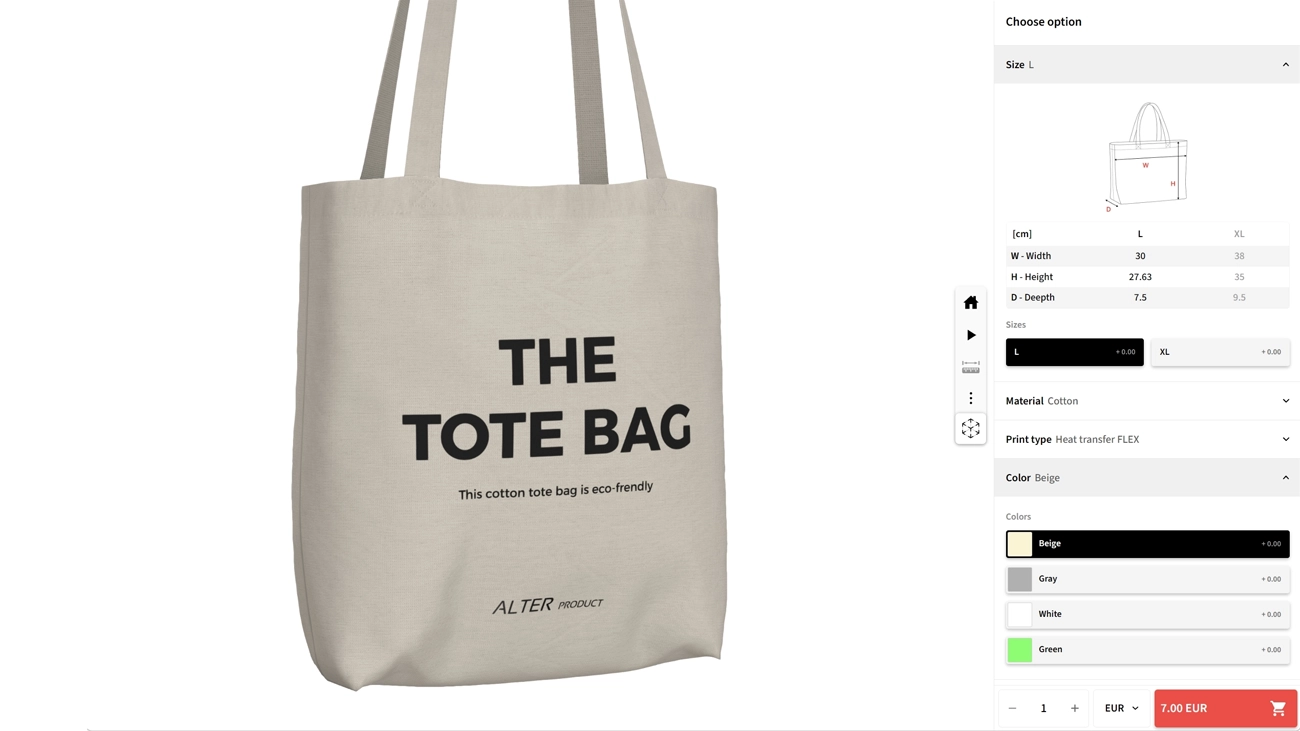 3D product configurator demo — tote bag variant selection with size chart, materials, print types, and dynamic pricing preview