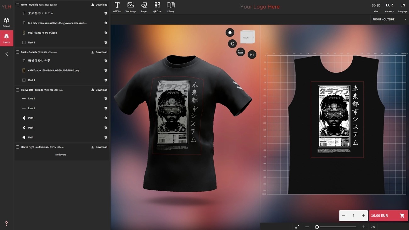 Interactive 3D/2D product customizer demo — T-shirt personalization with layered graphics, text, and QR code editing in real time