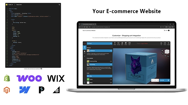 Integration demo — Alter Product customizer embedded on an e-commerce website with code snippet and compatibility logos for Shopify, WooCommerce, Wix, Magento, Webflow, PrestaShop, and BigCommerce
