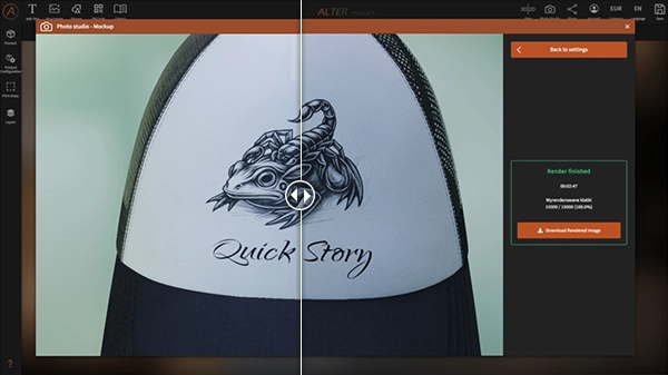 Photorealistic rendering demo — high-quality cap mockup with detailed logo design, accurate lighting, shadows, and material textures