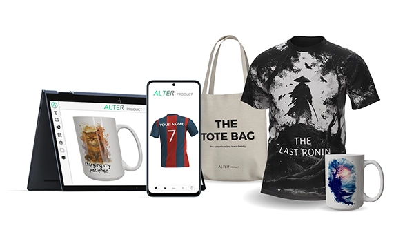 Faster time-to-market demo — personalized products like mugs, T-shirts, and tote bags previewed instantly across desktop, tablet, and mobile devices