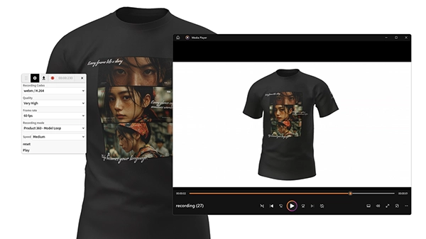 360-degree product video demo — recording high-quality T-shirt rotation with customizable graphics, 60 fps loop, and instant preview for e-commerce