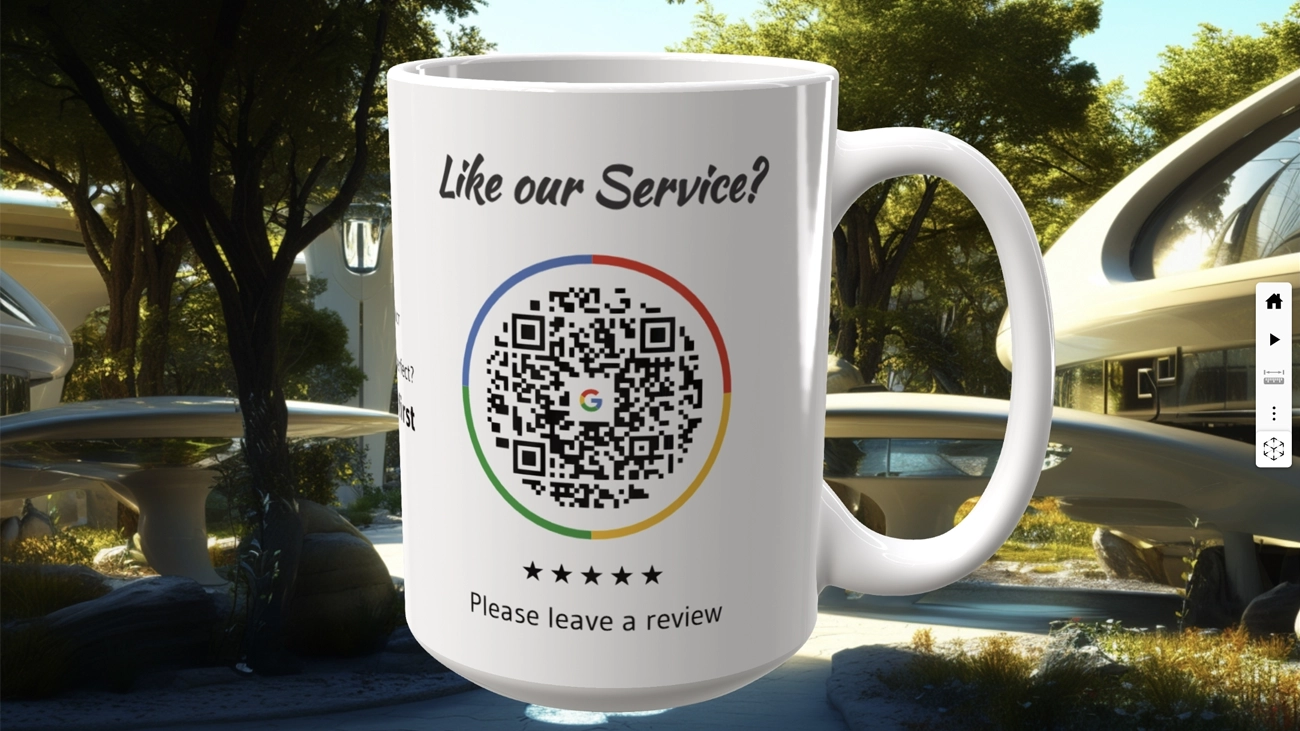 3D/AR product viewer demo — photorealistic mug preview with QR code design in an interactive environment